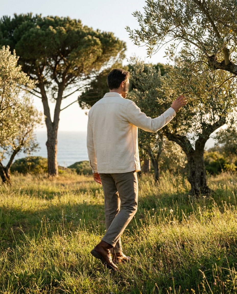 The founder of Verde 2050 walking through a Portuguese coastal olive grove at golden hour