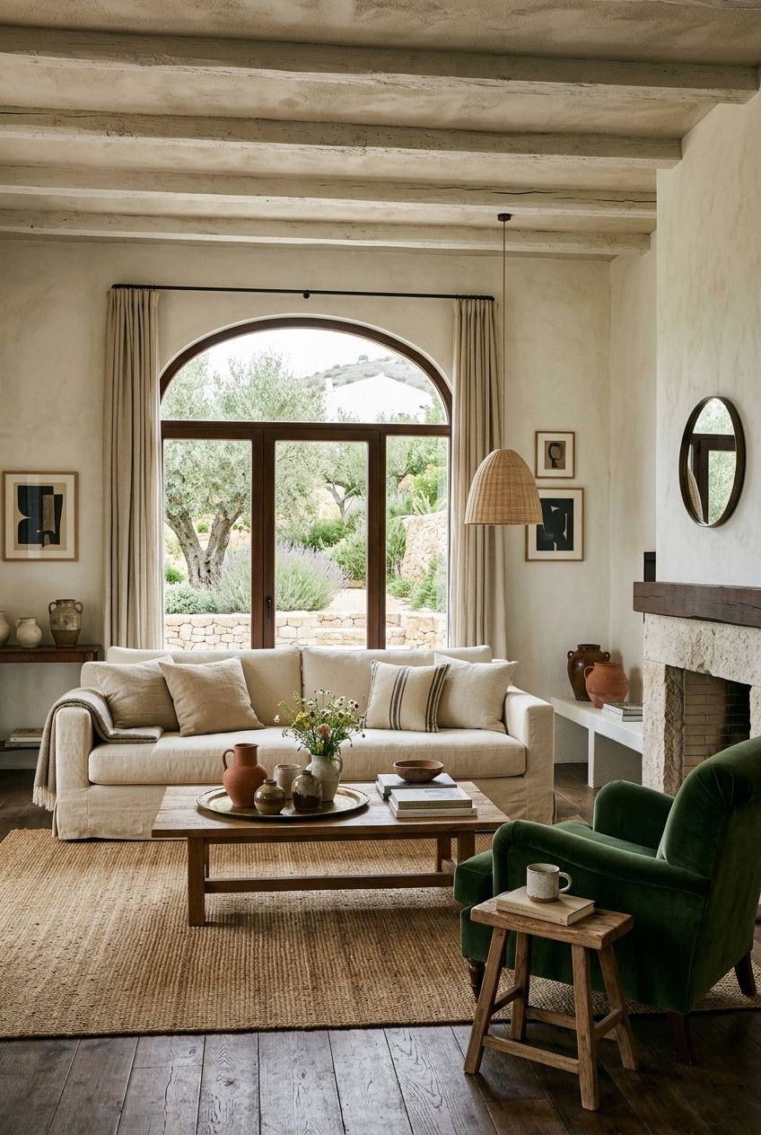 Concept interior with lime-washed walls, oak and linen